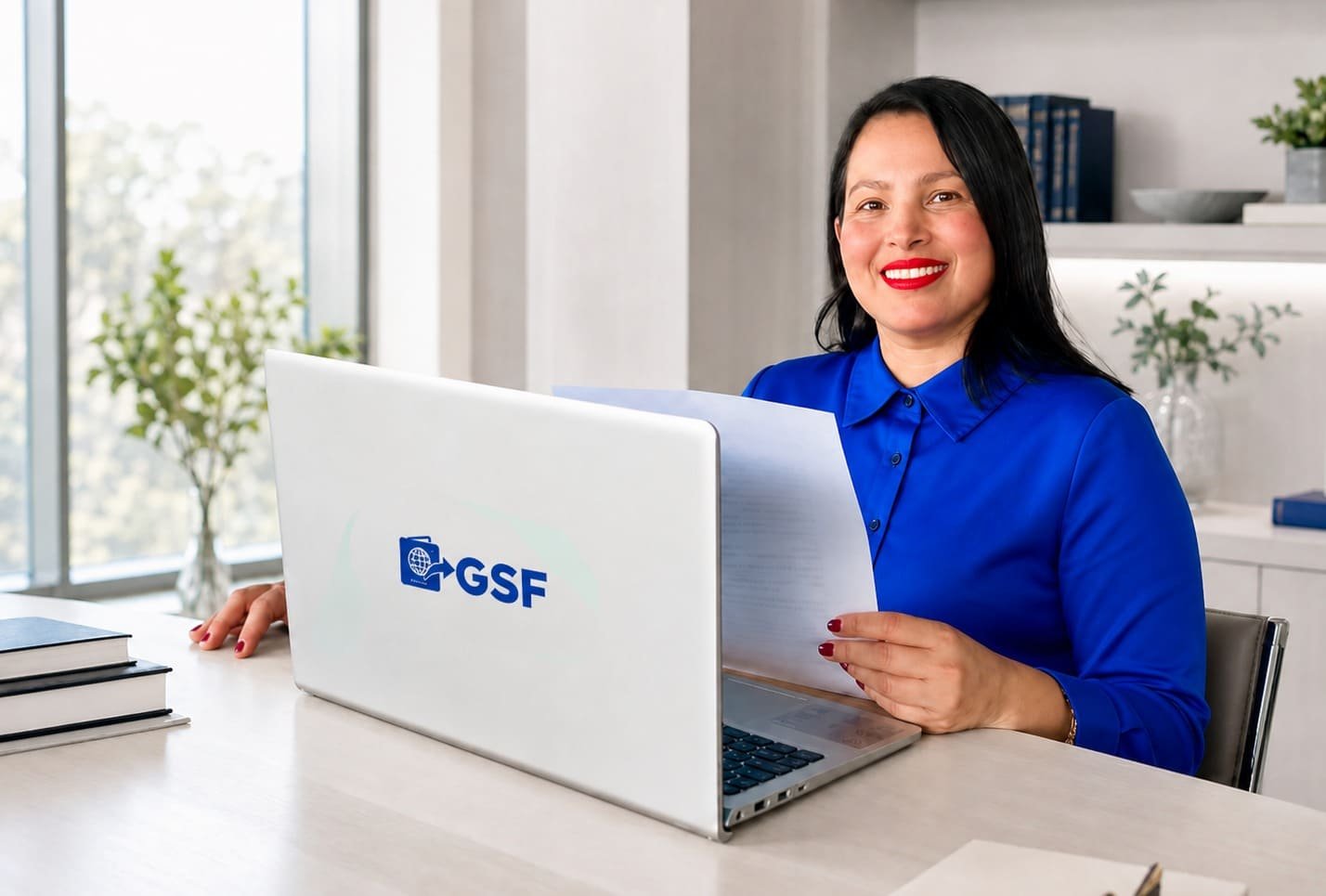 Gestora de Gestión Sin Filas trabajando en su portátil
